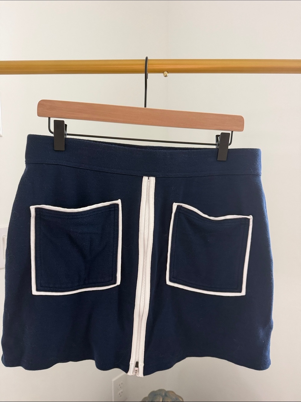 Navy Mini Skirt with White Piping and Front Zipper